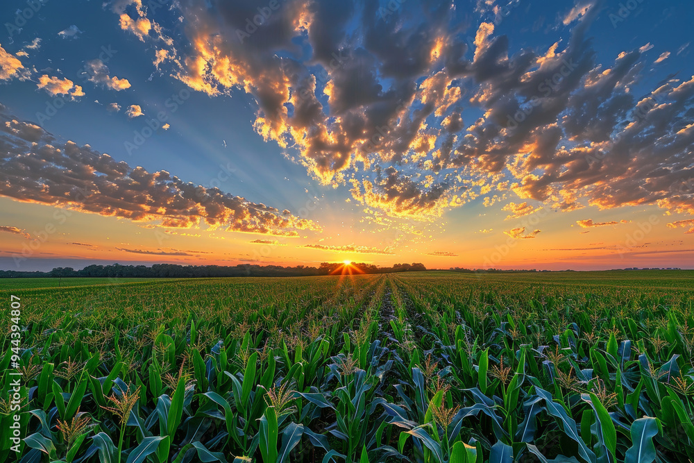 Poster a field of corn is shown with the sun setting in the background