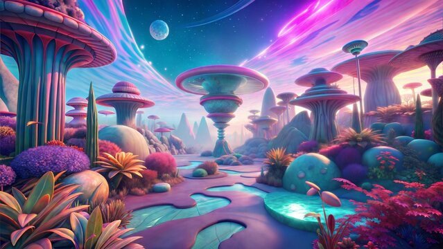 retro surreal psychedelic dreamscape virtual garden realm background