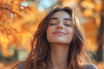 Fototapeta premium A serene young woman enjoys the warmth of a sunny autumn day while relaxing in the park surrounded by vibrant fall foliage