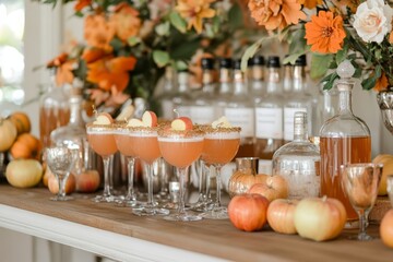 A beautifully arranged cocktail bar features glasses filled with autumn-themed drinks, fresh apples, and vibrant floral accents.