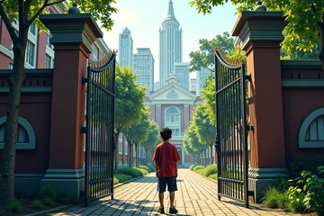 A young boy standing by a gate with a serious expression