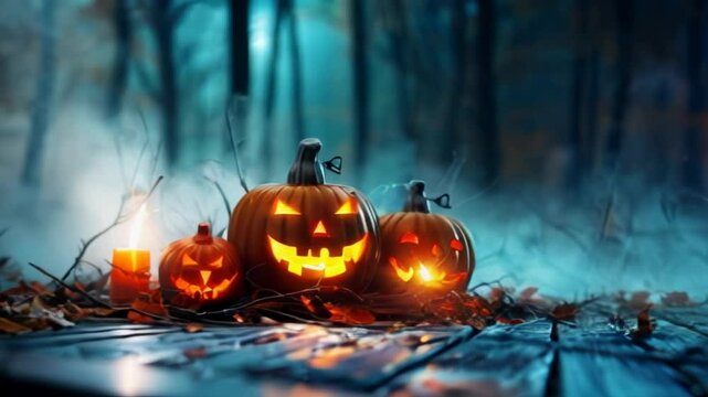 An enchanting Halloween scene with a plethora of eerie pumpkins set against a mysterious forest backdrop