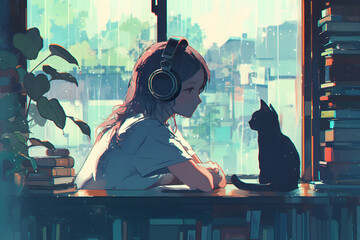 Girl listening to music on headphones, enjoying a rainy day from her window seat with a stack of books beside her. Anime style, Cozy vibes