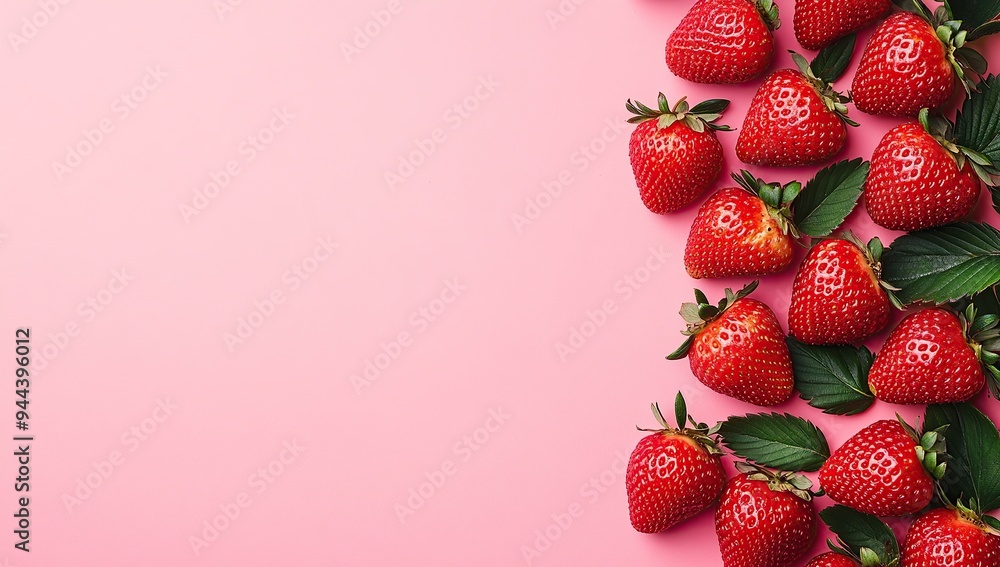 Wall mural a pink background with strawberries on the right side, creating an empty space for text or design