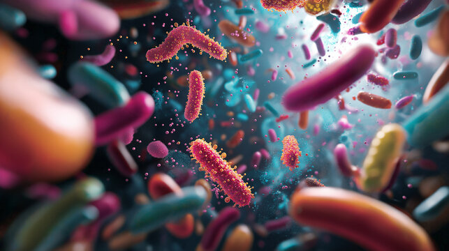 A vibrant illustration of diverse probiotics in the form of beneficial bacteria, depicted as lively, glowing organisms thriving inside the human digestive system, highlighting thei