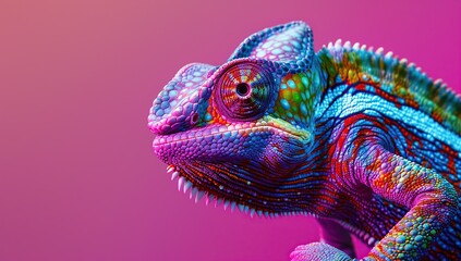 A rainbow-colored chameleon against a solid color background