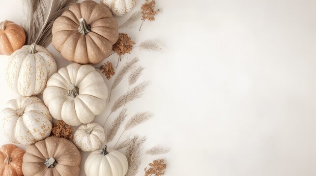 A collection of minimalistic beige and brown pumpkins arranged on a pastel background, complemented by feather decorations, creating a serene fall aesthetic with ample copy space.