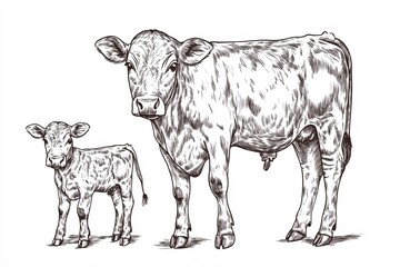 Fototapeta premium Hand-Drawn Illustration of Cow and Calf in Pastoral Scene