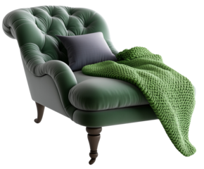 Emerald Green Chaise Lounge:  A plush, emerald green chaise lounge with a grey pillow and a matching green blanket draped over the back, inviting relaxation and tranquility. The elegant design with bu