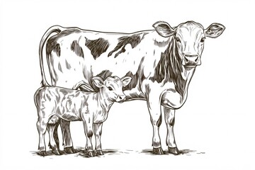 Hand-Drawn Illustration of Cow and Calf in Pastoral Scene