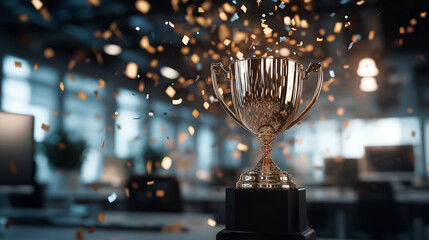 A striking gold trophy cup stands tall in the center of an office setting, with celebratory confetti and shimmering glitter raining down, symbolizing recognition and high achieveme