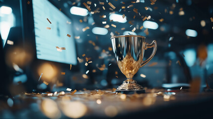 A majestic gold winner's cup dominates the scene on an office desk, as confetti and glitter cascade from above, celebrating a landmark achievement in the workplace.