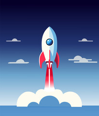 Fototapeta premium a flat design about a rocket taking off through the blue sky and clouds