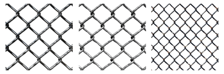Arrangement of chain link fence isolated on transparent background, set of three