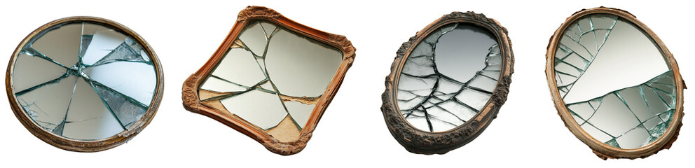 Shattered Reflections: A collection of four antique mirrors, each bearing the scars of time in a...