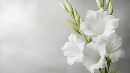 Fototapeta premium An abstract background featuring elegant white gladiolus flowers with green buds on a soft, blurred backdrop