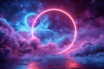 Neon glowing rings in a vibrant cosmic cloudscape with planets and stars in a surreal, otherworldly night sky.
