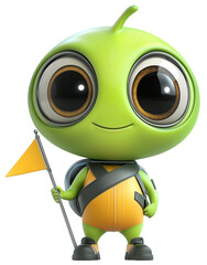Obraz premium Adventurous Alien Explorer: A cute, green, big-eyed alien character, ready for adventure with a backpack and flag. 3D render, isolated on transparent background. 