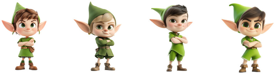 The Elf Squad: A quartet of determined, 3D-rendered elves stand ready for adventure, their arms crossed and expressions resolute, isolated on transparent background.