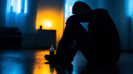 A shadowy figure sits alone in a dimly lit room, a half-empty bottle of alcohol clutched tightly, with the surrounding darkness symbolizing the isolating grip of addiction and the