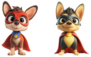 Paw Patrol Pups: Mighty Twins Ready for Action: Two adorable chihuahua pups, dressed in superhero capes and masks, stand ready to save the day, isolated on transparent background.