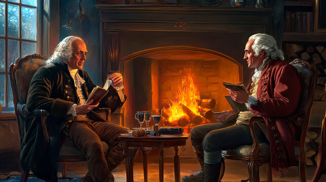 Two men from the American Revolution debating politics politics in front of a fireplace  