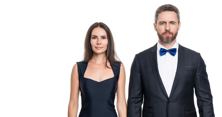 Formal man and woman. Couple is posing. Elegant couple in formal clothes isolated on white. Woman and man at occasion date. Romantic love. Valentines day banner. Elegantly dressed couple