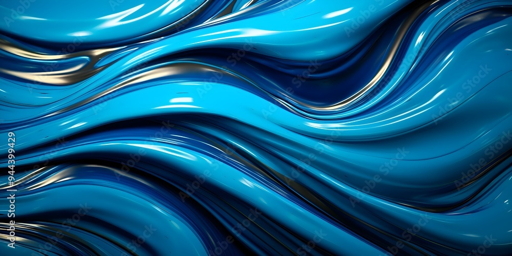 Poster 3d rendering curve silver blue fluid liquid wallpaper. turquise water color swirl gradient mesh. viv
