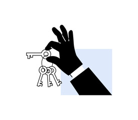 Hand holding keys in flat design, emphasizing security, access control, and data protection. Applicable to cybersecurity, physical security, and access management themes. Modern and symbolic.