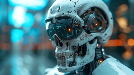 Fototapeta premium A close-up of a futuristic robot skull with glowing eyes and a cracked surface. The robot is set against a blurry background of neon lights.