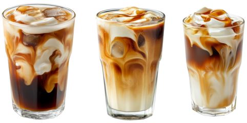 Iced Coffee Trio: Caramel swirls dance through layers of iced coffee, milk, and whipped cream in this refreshing beverage set, isolated on transparent background. 