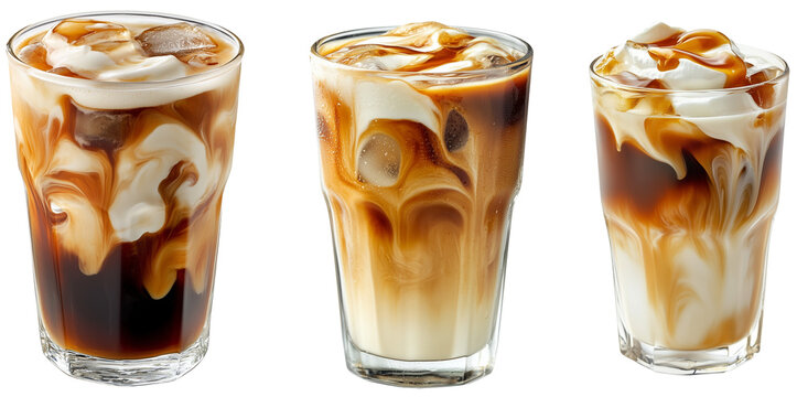 Iced Coffee Trio: Caramel swirls dance through layers of iced coffee, milk, and whipped cream in this refreshing beverage set, isolated on transparent background. 