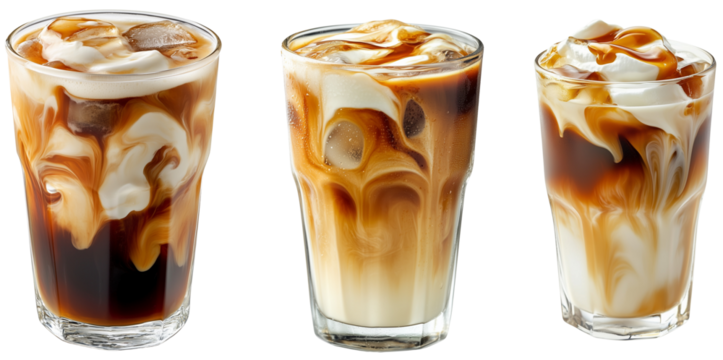 Iced Coffee Trio: Caramel swirls dance through layers of iced coffee, milk, and whipped cream in this refreshing beverage set, isolated on transparent background. 