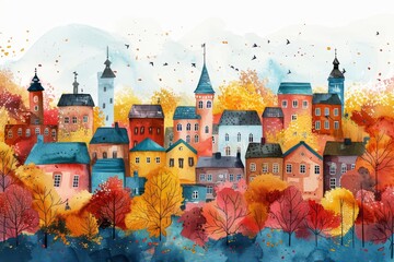 A lovely watercolour painting depicts a town hall nestled among colorful autumn trees, showcasing warm hues and simple lines that celebrate the beauty of fall.