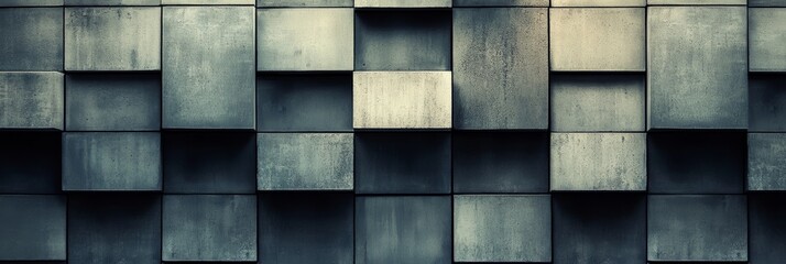 Textured concrete wall displaying an arrangement of cubic forms casting shadows in bright midday light