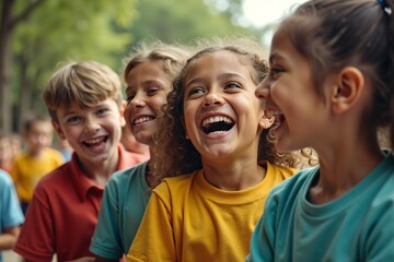 Fototapeta premium A group of young children standing in a row, likely friends or classmates