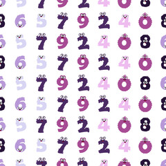 Obraz premium Seamless pattern of purple hairy cartoon monster figures on white background