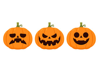 Pumpkin head set. Cute and scary Halloween pumpkin monster set. Holidays cartoon character in flat style collection.