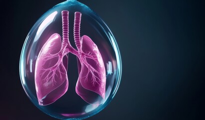 lungs inside an air bubble on a dark red gunge background, in a futuristic style with glowing elements.