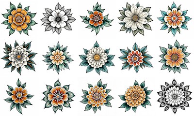 Set of flowers isolated on white background. Hand drawn illustrations.