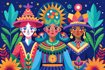 A bright, colorful illustration depicting three people dressed in vibrant and festive clothing, adorned with hats, flowers, and geometric patterns, against a lush background

