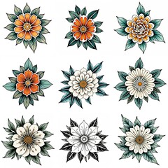 Set of flowers isolated on white background. Hand drawn illustrations.