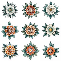 Set of flowers isolated on white background. Hand drawn illustrations.