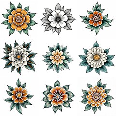 Set of flowers isolated on white background. Hand drawn illustrations.