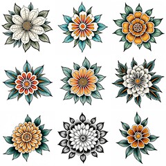 Set of flowers isolated on white background. Hand drawn illustrations.