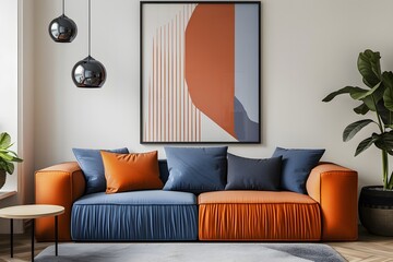 Stylish living room featuring a modern sofa with orange and blue cushions, complemented by abstract artwork and sleek decor. Ideal for contemporary home and interior design inspiration.