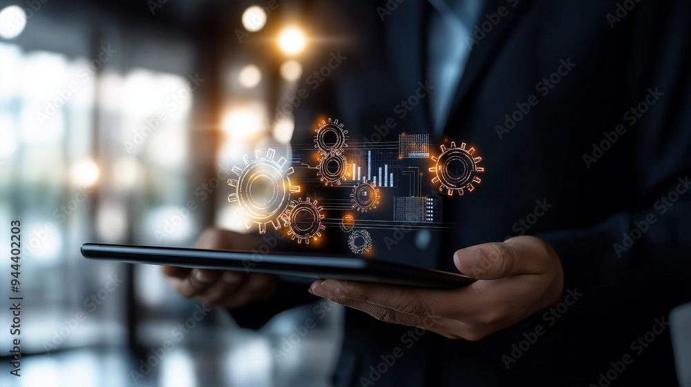 Poster an image of a businessperson holding a tablet with a 3d model of a business strategy, overlaid with 