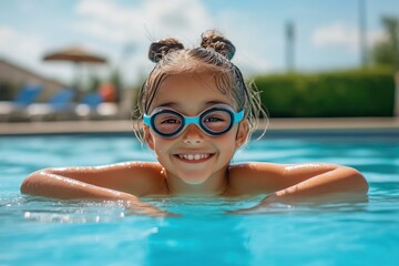 Naklejka premium Smiling Young Girl Enjoying Poolside Fun