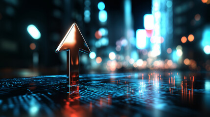A sleek metallic up arrow with a glossy finish, set against a futuristic blurred cityscape background, symbolizing business growth in a modern economic environment.