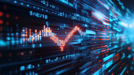 Obraz premium A digital up arrow composed of binary code, emerging from a matrix-like background, representing technological growth and success in the digital economy.